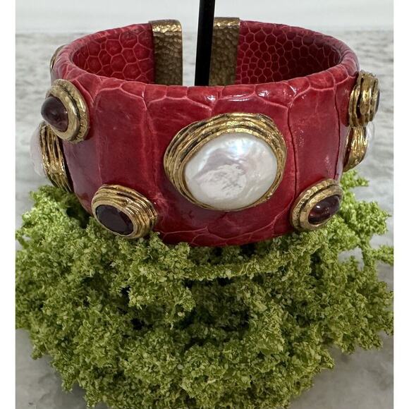 Vintage MCM Sterling Silver Snake Skin Pearl & Rhinestones Cuff Bracelet - Picture 8 of 10